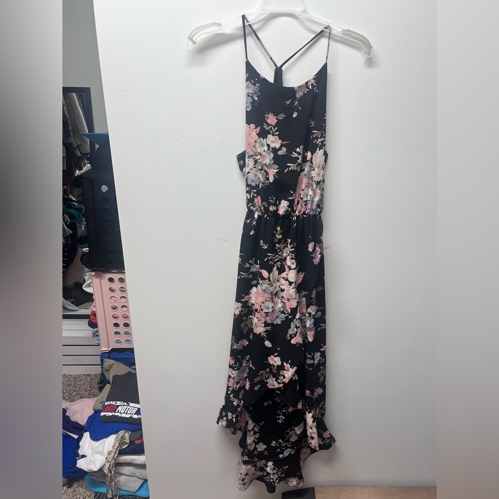 Soprano Black and Pink Floral High Low Dress